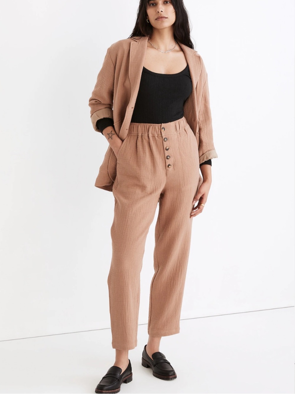 Madewell Cotton Linen Pull On High Rise Button Front Tapered Pants